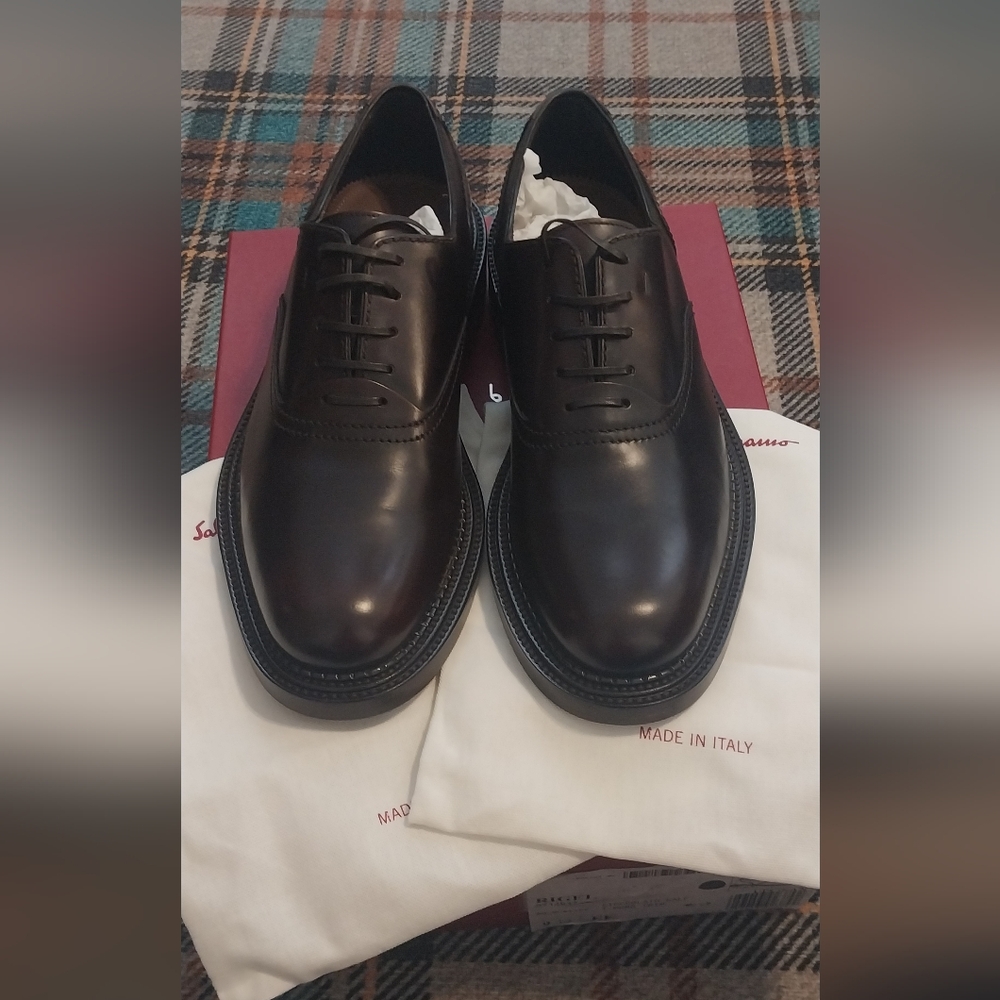 Salvatore Ferragamo Men's Dark Brown Leather Dress Shoes - Picture 2 of 16